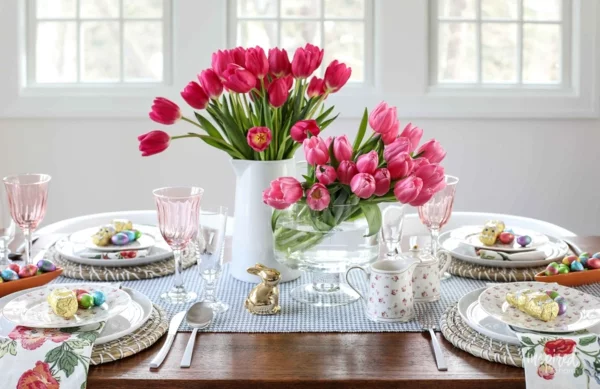 Tischdeko zu Ostern Ostertisch dekorieren Tulpen