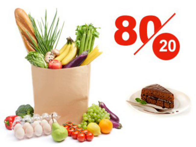8020-Regel das Geheimnis 80 Prozent frisches Gemüse Obst Naturprodukte 20 Prozent etwas Süßes ein Stück Torte