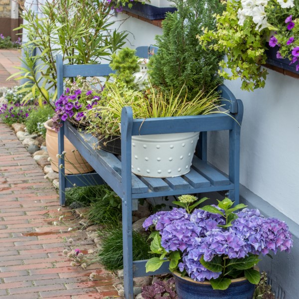 Gartenbank dekorieren – Ideen und Tipps für ein zauberhaftes Gartengefühl schöne blaue farbe bank deko pflanzen