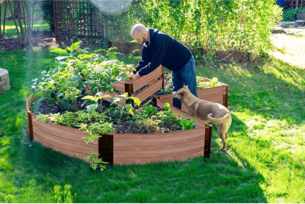 Hochbeet in Schlüssellochform an einem sonnigen Platz im Garten runde Form junger Mann Hund