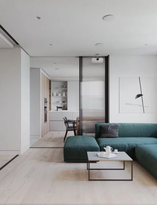 Mehr Farbe ins Interieur bringen hellgraues Wohnzimmer petrolgrünes Sofa erstklassige Idee