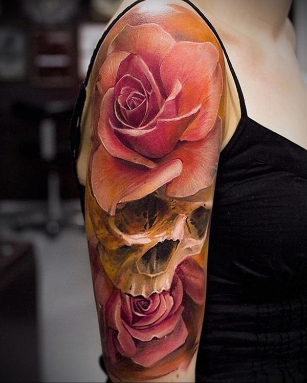 3d tattoo ärmel rosen totenkopf