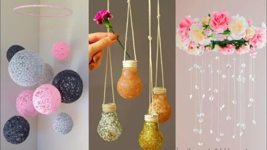DIY Mobilen aus Garn, Glasperlen und Glühbirnen
