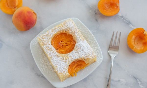Aprikosenkuchen vom Blech ein Stück auf dem Teller serviert