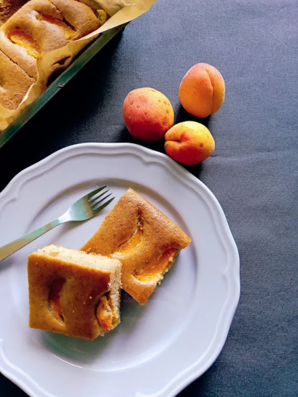 Aprikosenkuchen vom Blech zwei Stück auf einem weißen Teller serviert