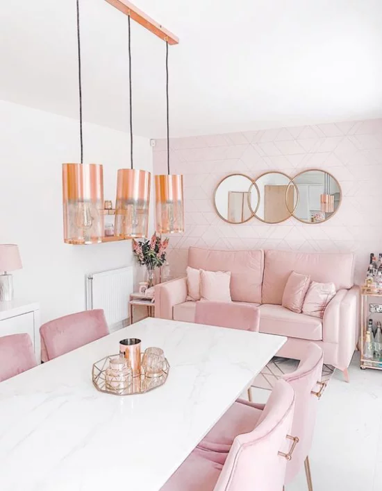 Farbpaare Wohn-und Esszimmer in Rosa und Weiß romantischer Look gemütliche Raumgestaltung
