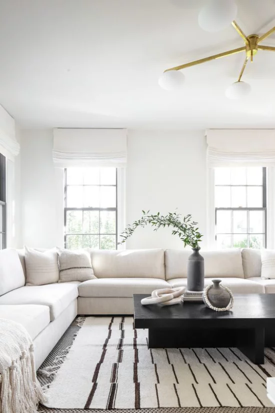 Farbpaare gemütliches Wohnzimmer weißes Sofa schwarzer Tisch  Vase grüne Zweige schwarz-weiß gestreifter Teppich