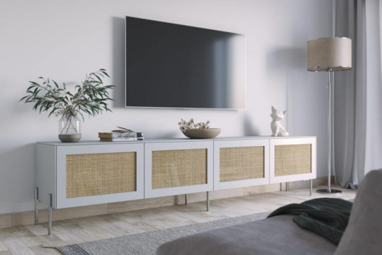 Router verstecken Ikea Sideboard im modernen Wohnzimmer kleine Deko Artikel Lampe Fernseher an der Wand darüber