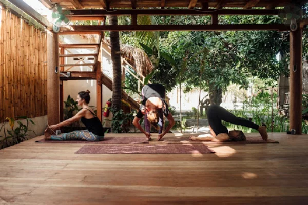 Yoga Garten anlegen und gestalten auf Holzplattform drei Yogis üben Sichtschutz Bambus