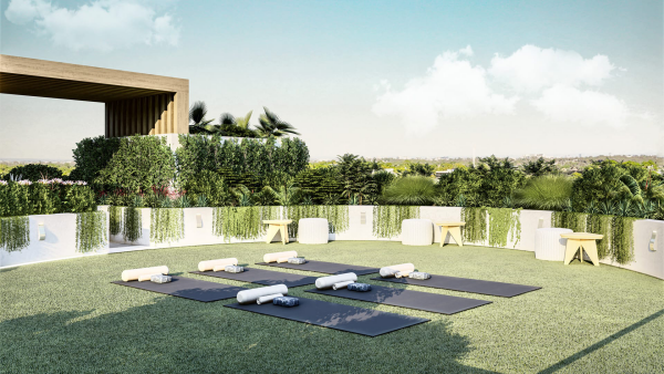 Yoga Garten anlegen und gestalten perfekter Outdoor Bereich für eine Gruppe Yoga Liebhaber schöne praktische Gestaltung Yoga Matten im Zentrum