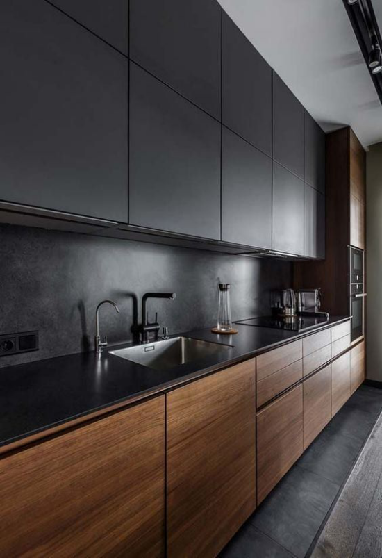 integrierte Dunstabzugshaube super moderne Küche Oberschränke Küchenrückwand in Anthrazit Unterschränke aus Holz