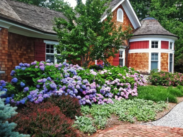 Beautiful Hydrangea Garden in Front of Country Cedar House