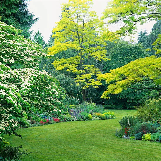 mehr Farbe in den Garten bringen ein Traumgarten grüner Rasen üppige Büsche und schöne grüne Bäume herrlicher Blick