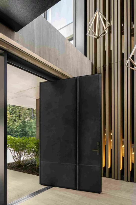 Drehtüren fürs Zuhause stabil aus Metall am Eingang schwarze Beschichtung wetterfest futuristische Hausfassade