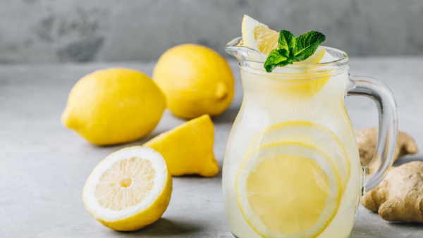 erfrischende Sommergetränke Zitronenwasser ein Glas voller Wasser Scheiben Zitronen Minze Blätter