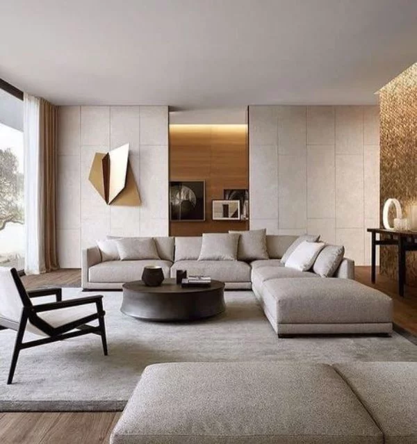modernes Wohnzimmer sehr elegantes Ambiente weiße Sitzgarnitur Teppich eingebaute LED Beleuchtung