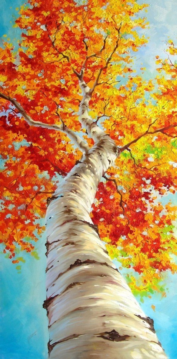 Herbstdeko-Ideen Wandgemälde Birke Baum Herbstblätter