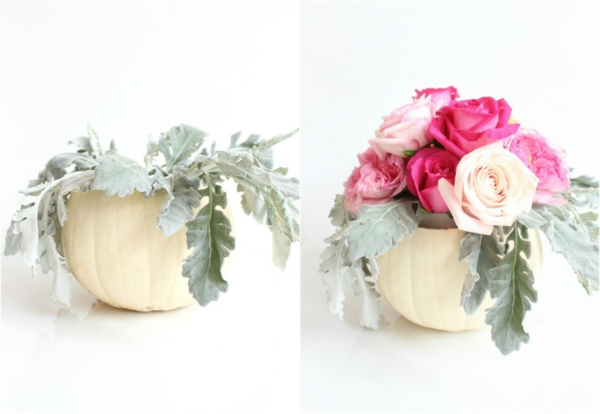 Herbstdeko Ideen mit DIY Kürbis Vase voller Herbstblumen