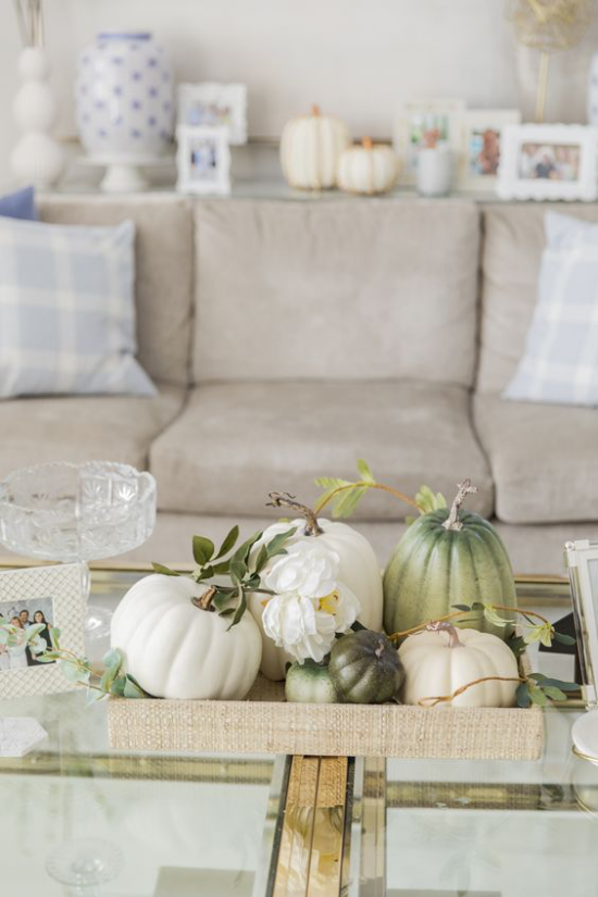 Herbstdeko auf dem Kaffeetisch klassisches gemütliches Wohnzimmer Möbel in hellen Farben Tisch aus Glas weiße Kürbisse auf Tablett etwas Grünzeug