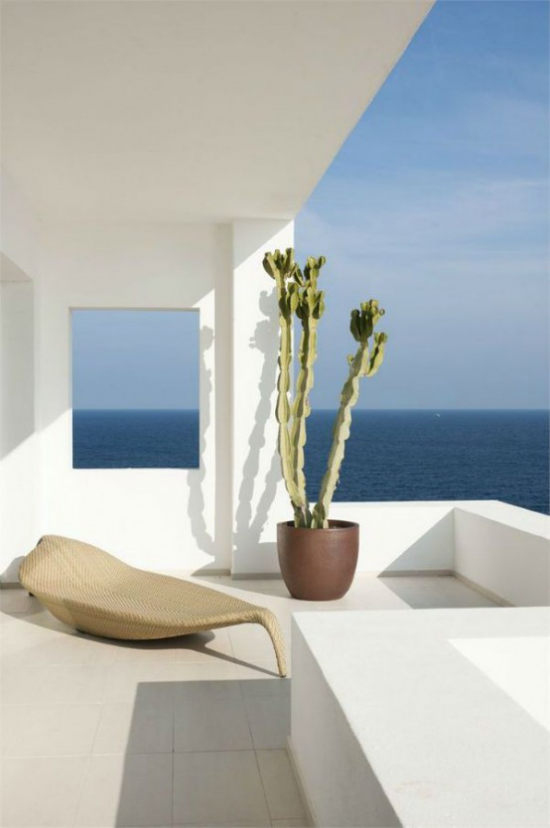 minimalistische Terrassengestaltung ganz in Weiß ausgefallene Liege großer Topf mit hohen Sukkulenten Blickfang
