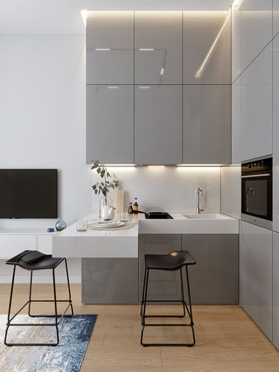 moderne Küche gerade Linienführung eifache geometrische Formen Grau Weiß Schwarz helles Holz auf dem Fußboden