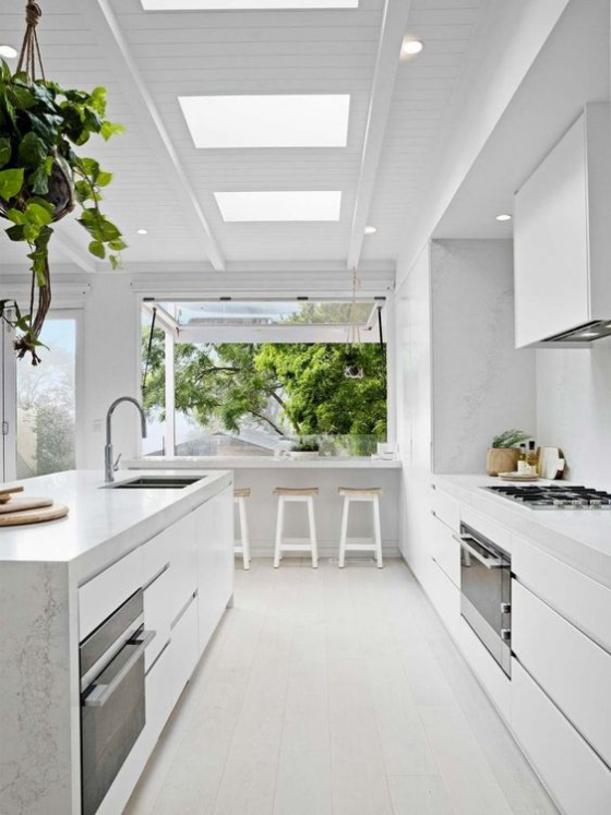 moderne Küche geräumig hell luftig großes Fenster zum Hinterhof Deckenfenster für zusätzliches Licht grüne Hängepflanze