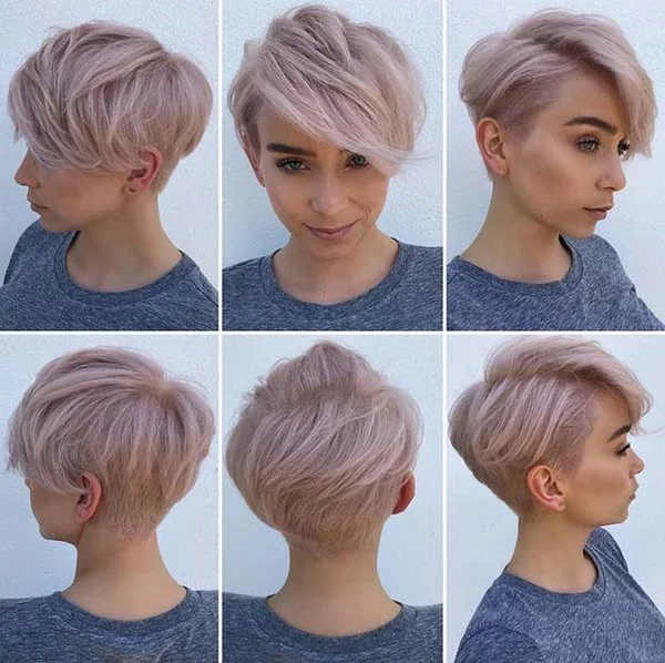 Long Pixie Kurzhaarfrisuren sechs Bilder von allen Seiten blondes Haar moderner Look 