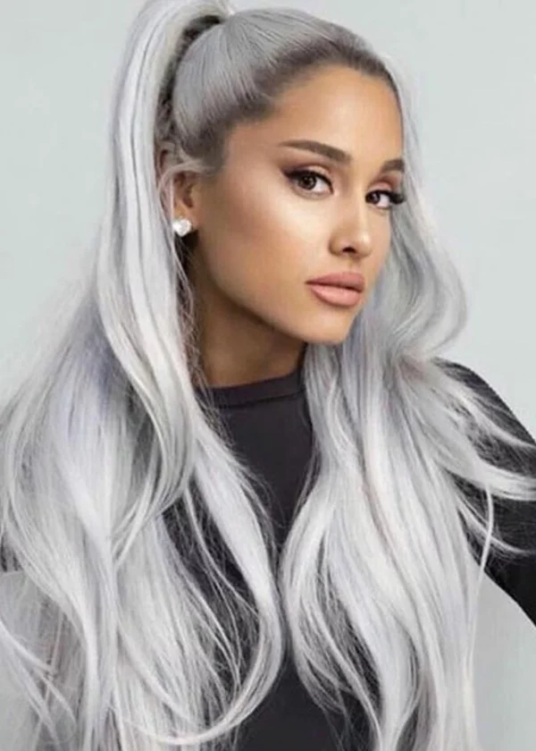 Silberne Haarfarbe lange maehne mit zopf 