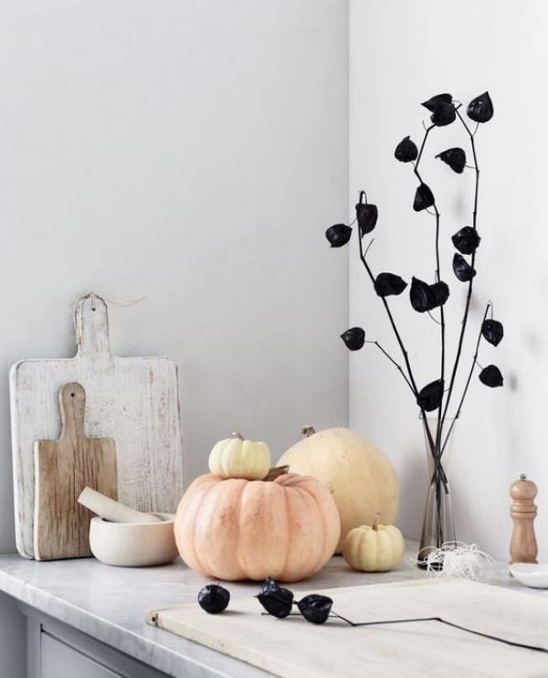 minimalistische Halloween Deko minimalistisches Arrangement mit Kürbissen Physalis Zweige schwarz