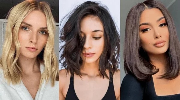 trendy Bol Haarschnitte drei Frauen mit langem Haar mit Scheitel unterschiedliche Haarfarben 
