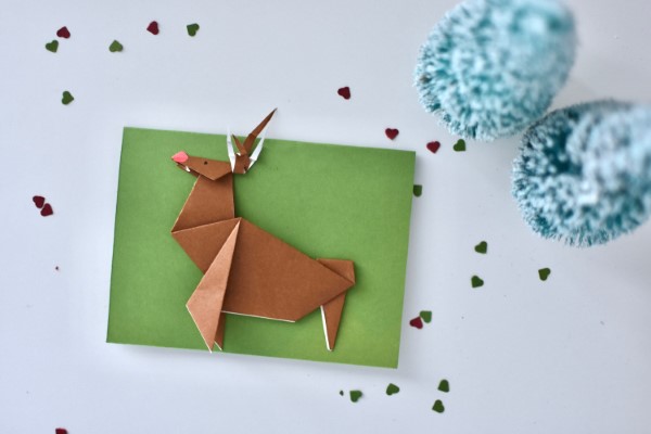 Origami Weihnachten Deko Ideen und DIY Anleitungen grußkarte mit rentier hirsch