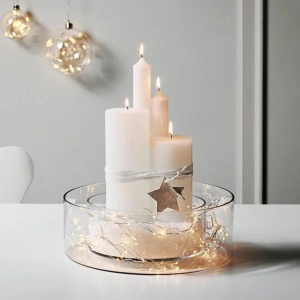 Adventskranz selber machen - Kerzen in Glasgefäßen mit Lichterkette