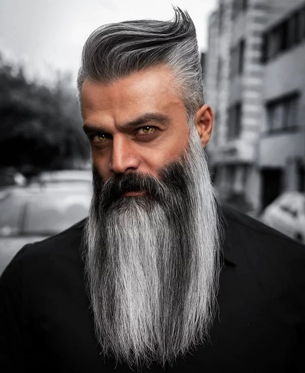 coole graue Herrenhaarschnitte und Bartfrisuren für ältere Männer Herr mit langem Bart 