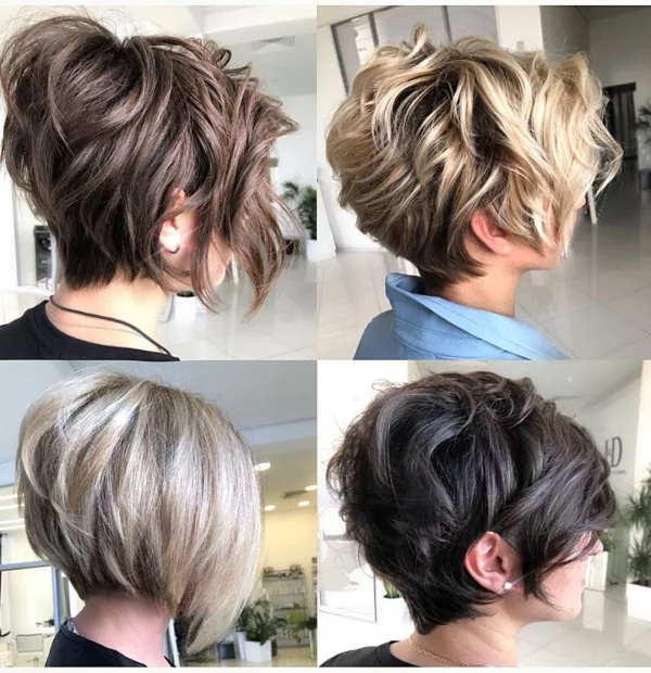 vier verschiedene Haarfarben und Stylings Bob mit Volumen kurzgeschnittenes Haar 
