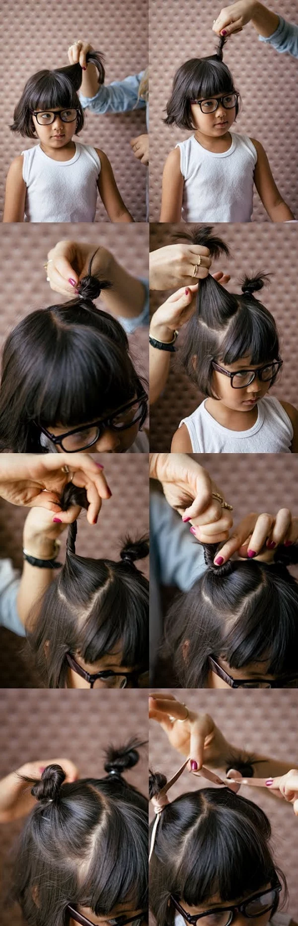 Einfache Frisuren für die Schule kleines Mädchen dunkles Haar mit Pony Teil des Haares hochgesteckt 