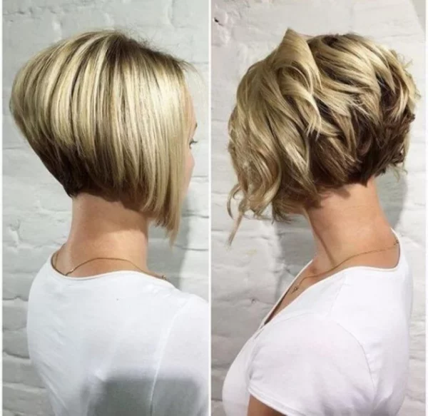 kurzer Bob Trendfrisur 2022 für mutige Frauen blondes Haar am Nacken gestuft mit und ohne Wellen