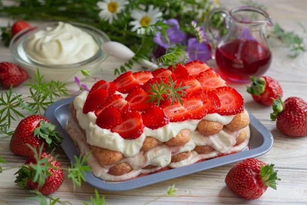 Rezeptideen für leckere Desserts und festliche Nachtische - hausgemachtes Tiramisu mit Erdbeeren und Löffelbiscuits