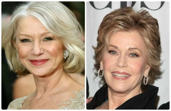 Schminken Tipps über 60 Trends - zwei amerikanische Schauspielerinnen Helen Mirran und Jane Fonda zeigen es vor 