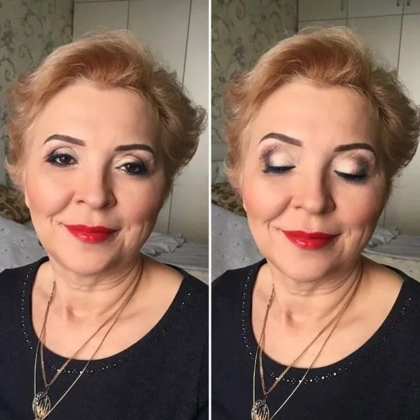 eine ältere Dame perfektes Make up die Schlupflider schminken 