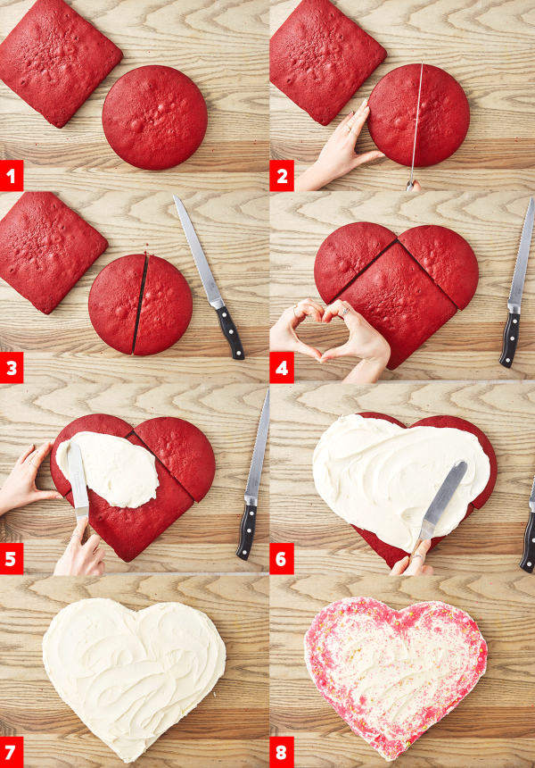Herztorte zum Valentinstag Kuchen in Rot einfärben in Herzform gestalten mit weißem Guss verzieren