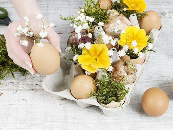 Tischdeko zu Ostern Eierkarton halbierte Eierschalen mit Moos füllen ausgeblasene Eier als Vasen mit Blumen schmücken
