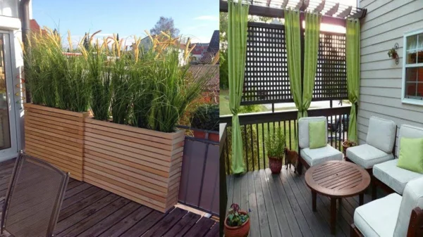 rautenförmiger Sichtschutz aus Holz auf der Terrasse 