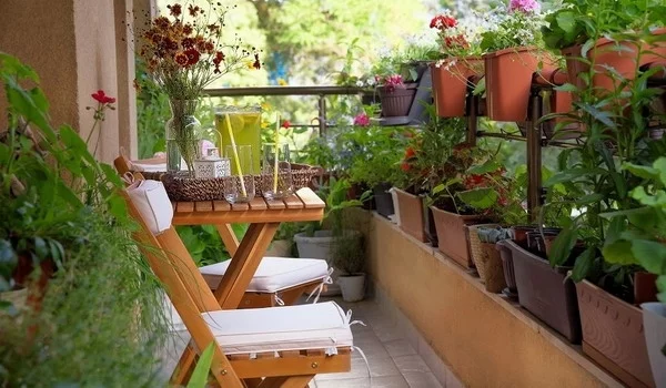 Aussenbereich kleinen Balkon gestalten Gartentrends 2024 zahlreiche Topfpflanzen 