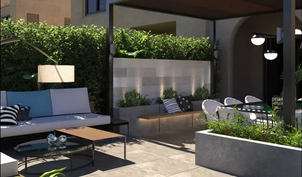 Gartenmöbel Gartentrends 2023 Outdoor-Möbel Außenbeleuchtung Gartenzaun üppige grüne Pflanzen 