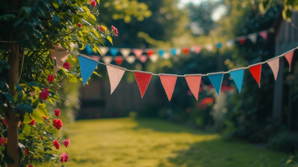 Girlanden aus bunten Dreiecken im Garten hängen - schöne Sommerparty Deko