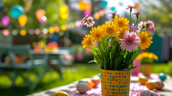 Vase mit Blumen und bunte Tischdecke machen die Deko aus