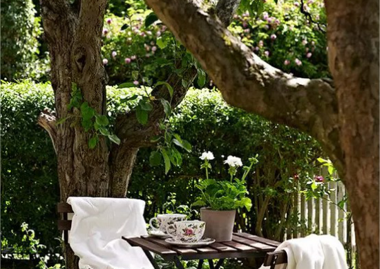 Platz unter Baum Sitzecke unter dem Baum kleiner runder Tisch zwei Stühle Tee trinken im Freien