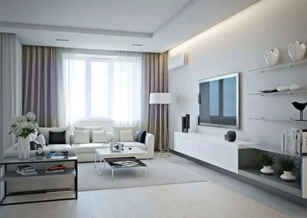 Dominierende Sommerfarben weiches Weiß kombiniert mit hellen Grautönen ein perfektes Ganzes im modernen Wohnzimmer