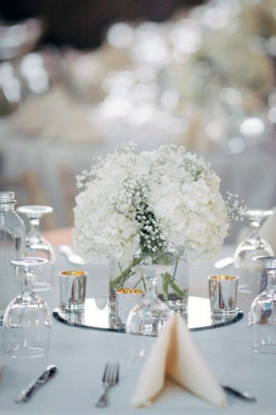 Hochzeitsdeko mit Hortensien hoher Stil Glanz Gold Silber toller Hingucker auf dem Tisch