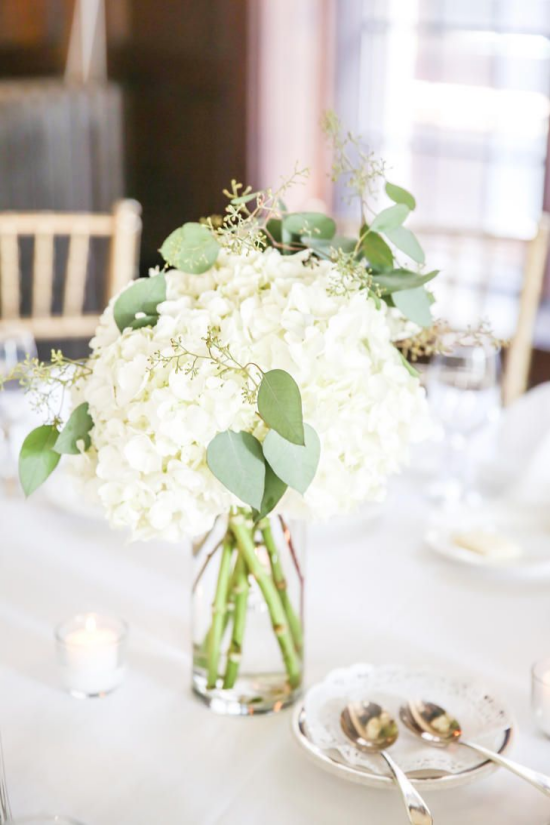 Hochzeitsdeko mit Hortensien weiße Blueten im Glas als Mittelstueck auf dem Tisch
